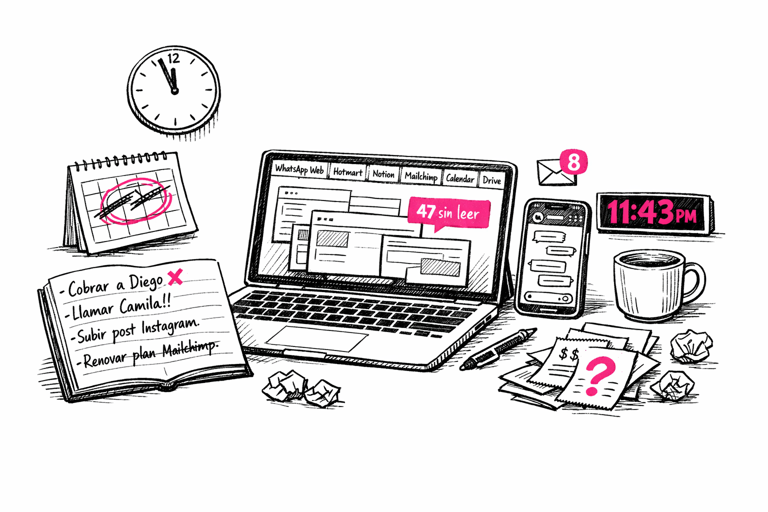 Escritorio caótico: laptop con 5 tabs abiertas (WhatsApp Web, Hotmart, Notion, Mailchimp, Calendar), teléfono con 8 mensajes sin leer a las 11:43 PM, libreta con tareas atrasadas, calendario con conflictos, recibos olvidados